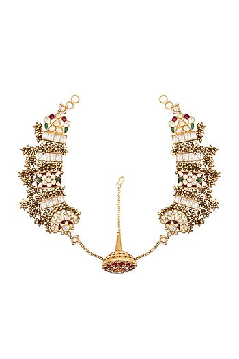 Gold Finish Kundan Polki Mathapatti In Sterling Silver