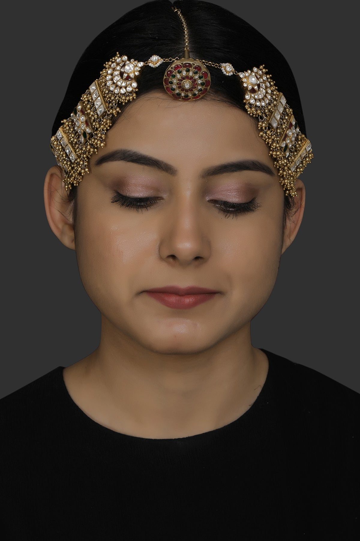 Gold Finish Kundan Polki Mathapatti In Sterling Silver