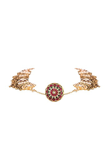 Gold Finish Kundan Polki Mathapatti In Sterling Silver