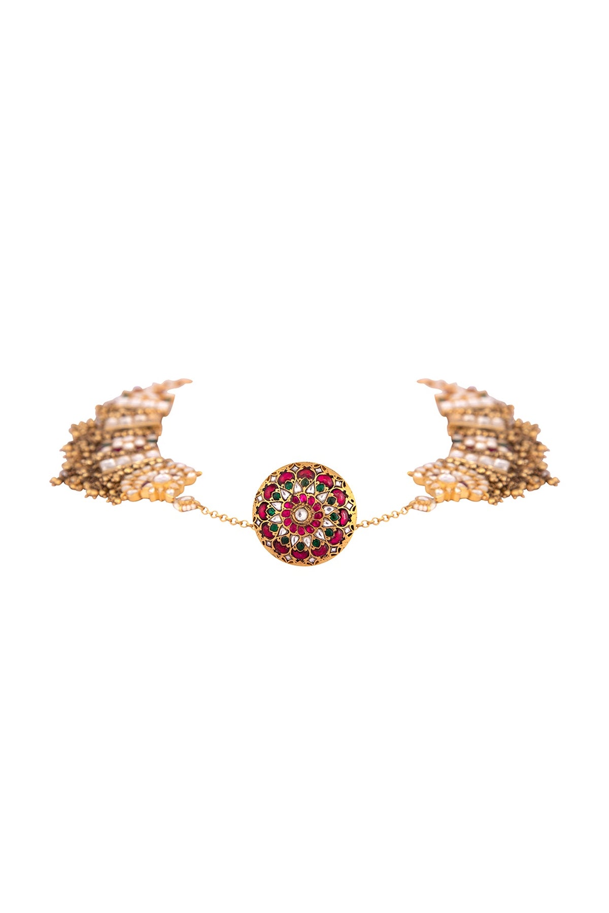Gold Finish Kundan Polki Mathapatti In Sterling Silver