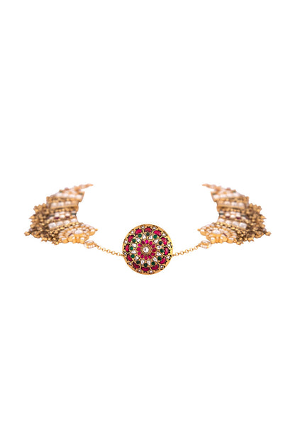 Gold Finish Kundan Polki Mathapatti In Sterling Silver