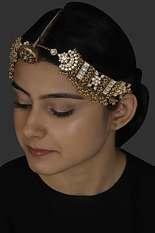 Gold Finish Kundan Polki Mathapatti In Sterling Silver