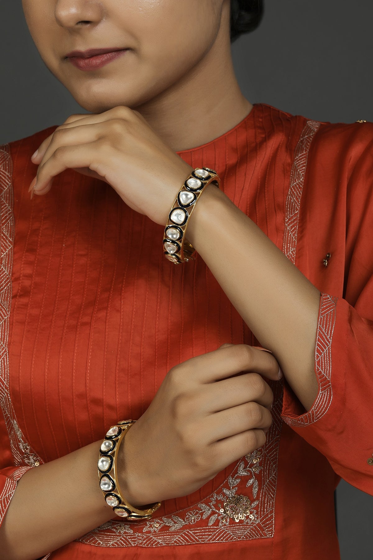 Gold Finish Kundan Polki Bangles In Sterling Silver
