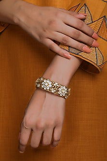 Gold Finish Kundan Polki Cutwork Jali Kada In Sterling Silver