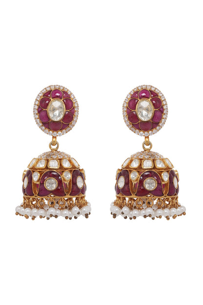 Gold Finish Ruby & Pearl Jhumka Earrings In Sterling Silver