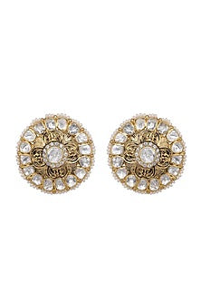 Gold Finish Kundan Polki Stud Earrings In Sterling Silver