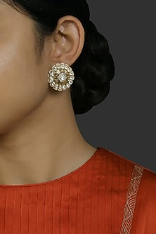 Gold Finish Kundan Polki Stud Earrings In Sterling Silver