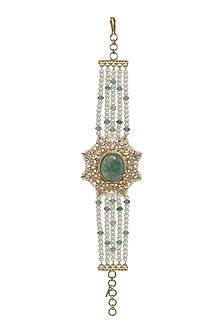 Gold Finish Kundan Polki & Pearl Bracelet In Sterling Silver