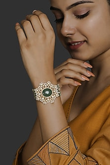 Gold Finish Kundan Polki & Pearl Bracelet In Sterling Silver