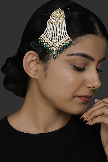 Gold Finish Kundan Polki & Pearl Pasa In Sterling Silver