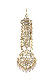 Gold Finish Kundan Polki & Pearl Maang Tikka In Sterling Silver