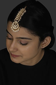 Gold Finish Kundan Polki & Pearl Maang Tikka In Sterling Silver
