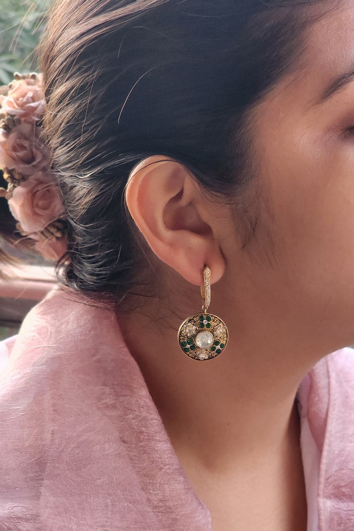 Gold Plated Emerald Stone Bali Earrings In Sterling Silver