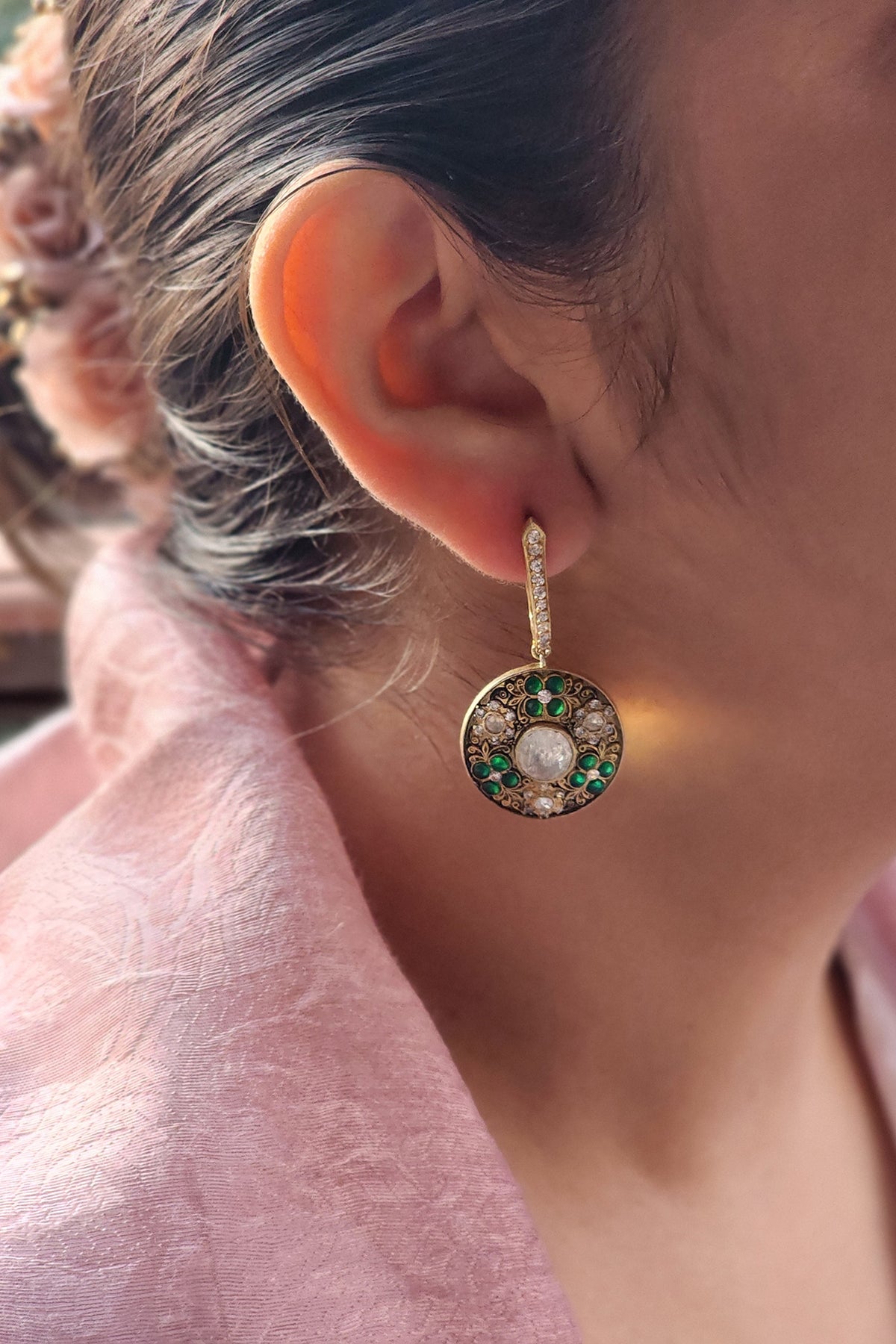 Gold Plated Emerald Stone Bali Earrings In Sterling Silver