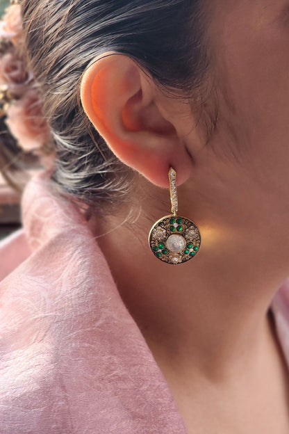 Gold Plated Emerald Stone Bali Earrings In Sterling Silver