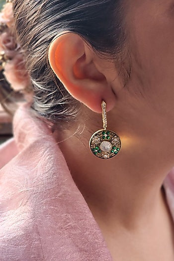 Gold Plated Emerald Stone Bali Earrings In Sterling Silver