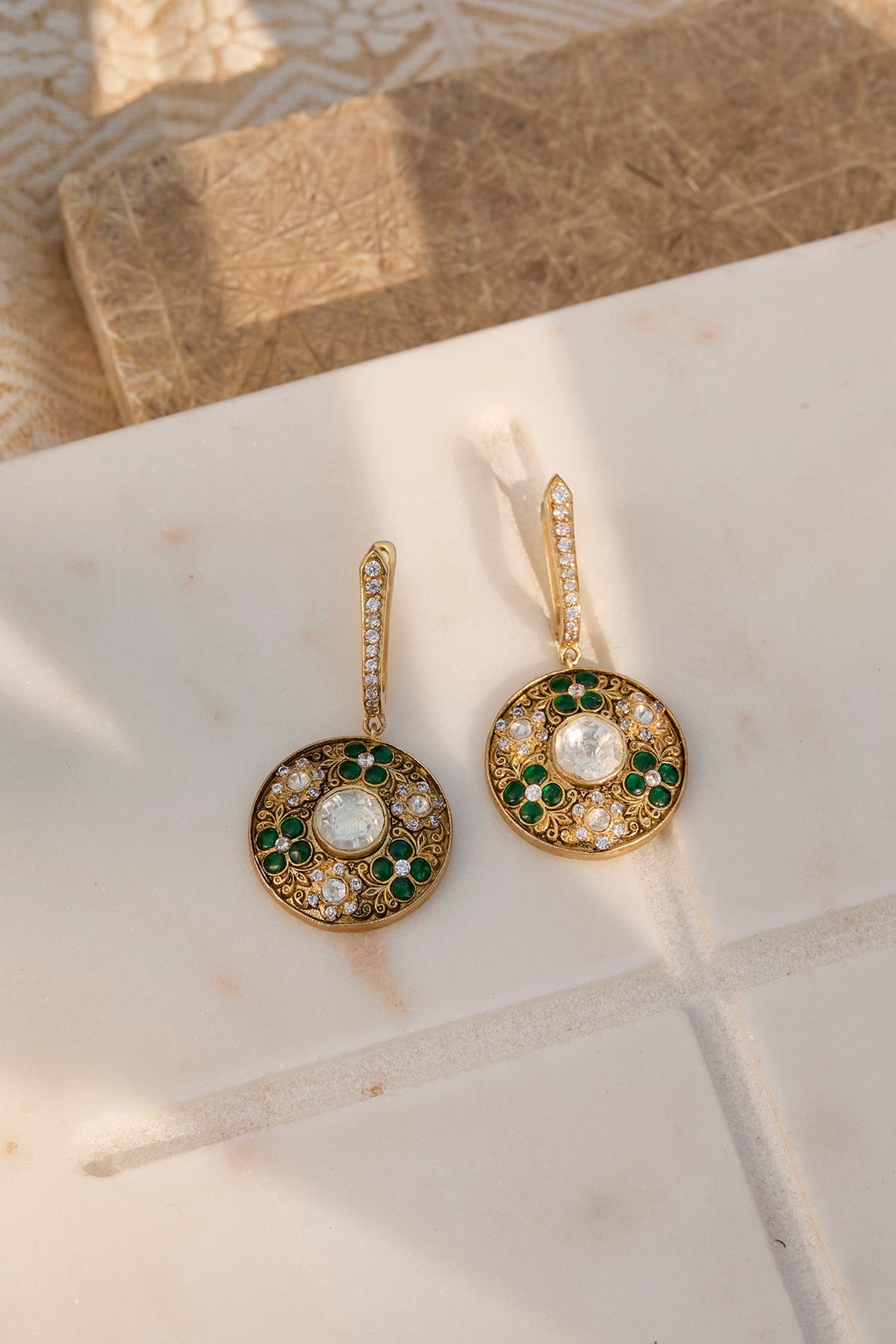 Gold Plated Emerald Stone Bali Earrings In Sterling Silver