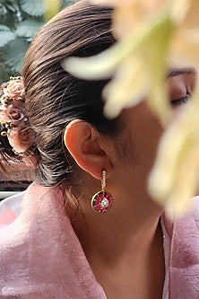 Gold Plated Ruby Stone Bali Earrings In Sterling Silver