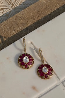 Gold Plated Ruby Stone Bali Earrings In Sterling Silver