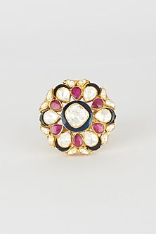 Gold Finish Enameled Ring In 92.5 Sterling Silver