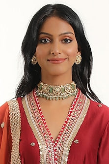 Gold Plated Kundan Polki & Red Utrai Vellore Choker Necklace Set In Sterling Silver