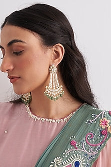 Gold Plated Kundan Polki & Freshwater Pearl Passa Earrings In Sterling Silver