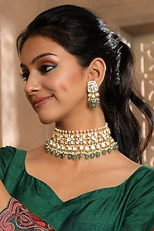 Gold Plated Green Leaf Motif & Pearl Choker Necklace In Sterling Silver