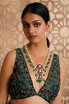 Gold Plated Polki Bird Motif & Pearl Long Necklace In Sterling Silver