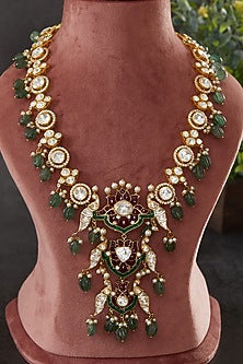 Gold Plated Polki Bird Motif & Pearl Long Necklace In Sterling Silver
