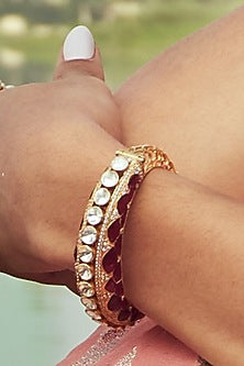 Gold Plated Moissanite Kundan Polki Openable Kada In Sterling Silver