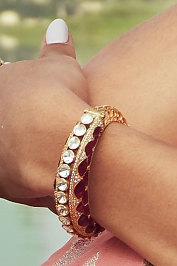 Gold Plated Moissanite Kundan Polki Openable Kada In Sterling Silver