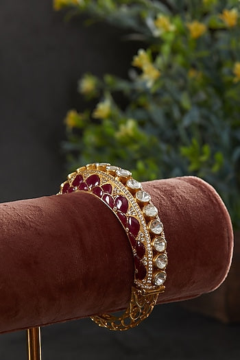 Gold Plated Moissanite Kundan Polki Openable Kada In Sterling Silver