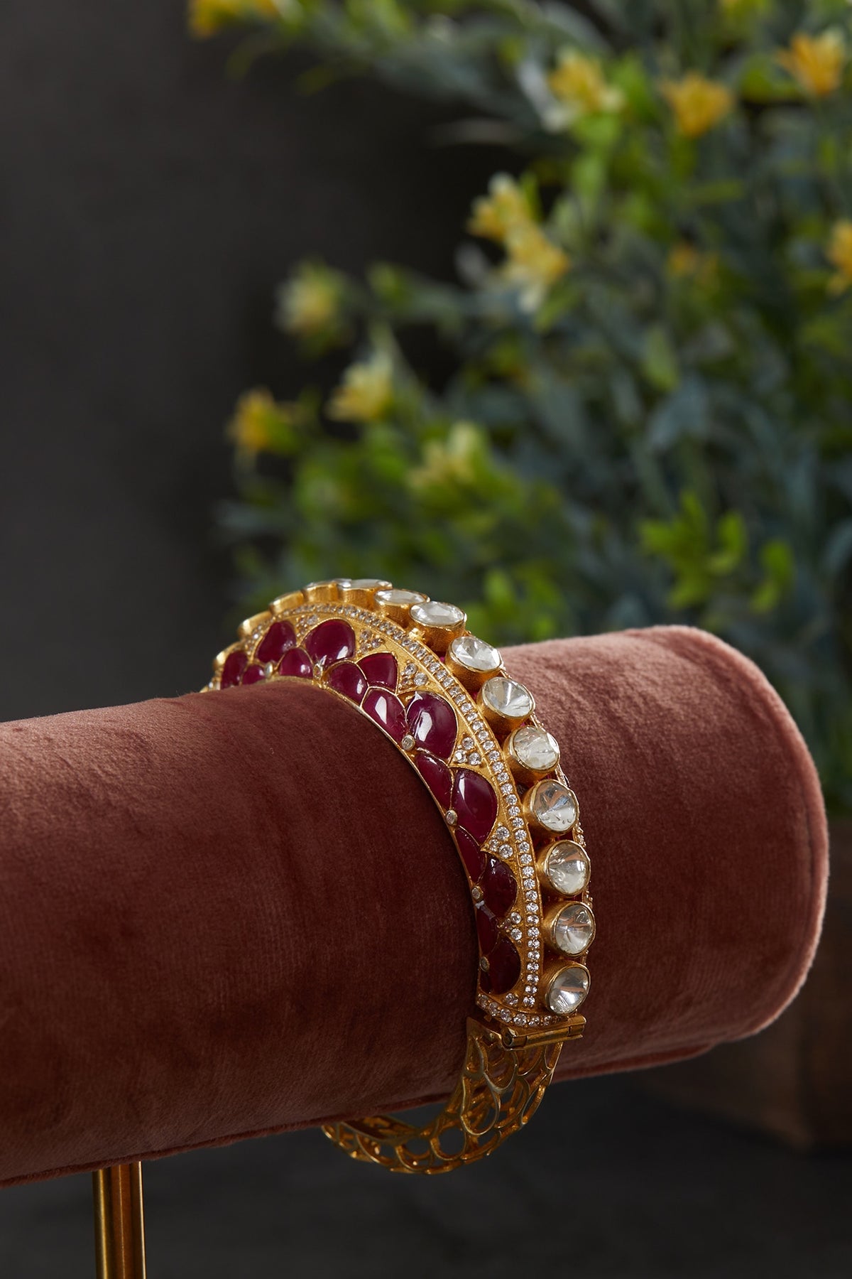 Gold Plated Moissanite Kundan Polki Openable Kada In Sterling Silver