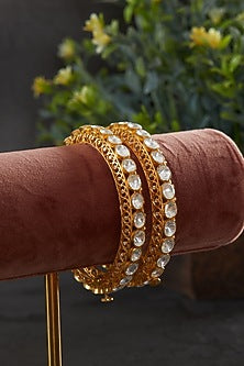 Gold Plated Moissanite Polki Kadas In Sterling Silver (Set of 2)