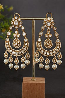 Gold Plated Kundan Polki & Freshwater Pearl Chandbaali Earrings In Sterling Silver