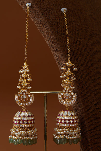 Gold Plated Kundan Polki Green Drops Jhumka Earrings In Sterling Silver