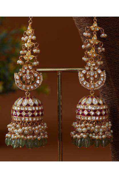 Gold Plated Kundan Polki Green Drops Jhumka Earrings In Sterling Silver