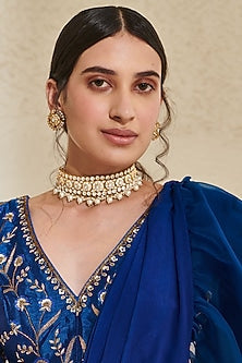 Gold Plated Kundan Polki Round Motif Choker Necklace In Sterling Silver