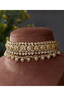 Gold Plated Kundan Polki Round Motif Choker Necklace In Sterling Silver