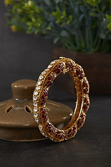 Gold Plated Kundan Polki Lotus Scalloped Motif Kada In Sterling Silver