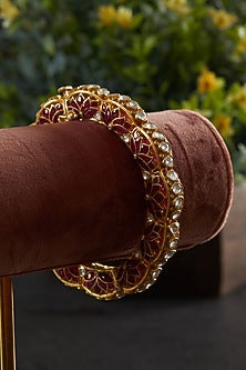 Gold Plated Kundan Polki Lotus Scalloped Motif Kada In Sterling Silver