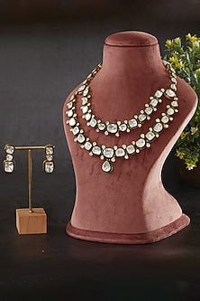 Gold Plated Moissanite Polki Enamelled Layered Necklace Set In Sterling Silver