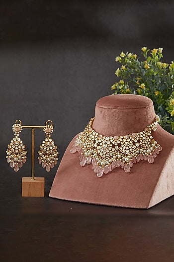Gold Plated Vellore Kundan Polki & Freshwater Pearl Choker Necklace Set In Sterling Silver