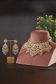 Gold Plated Vellore Kundan Polki & Freshwater Pearl Choker Necklace Set In Sterling Silver