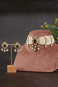 Gold Plated Vellore Kundan Polki & Green Stone Choker Necklace Set In Sterling Silver