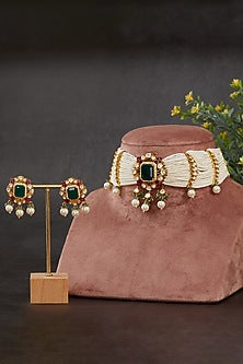 Gold Plated Vellore Kundan Polki & Green Stone Choker Necklace Set In Sterling Silver