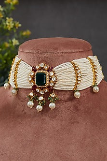 Gold Plated Vellore Kundan Polki & Green Stone Choker Necklace Set In Sterling Silver