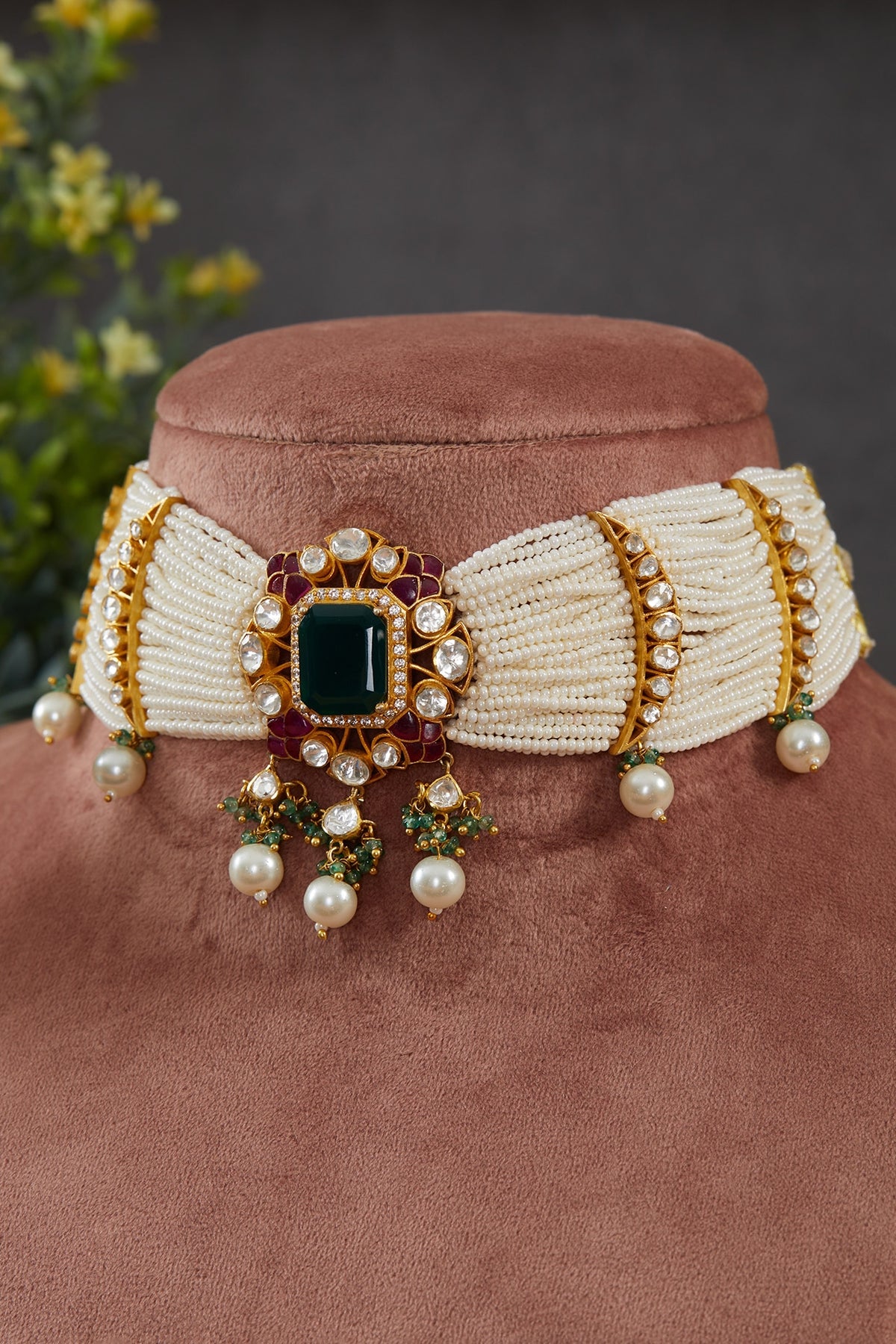 Gold Plated Vellore Kundan Polki & Green Stone Choker Necklace Set In Sterling Silver