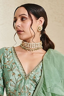 Gold Plated Moissanite Polki & Freshwater Pearl Choker Necklace In Sterling Silver