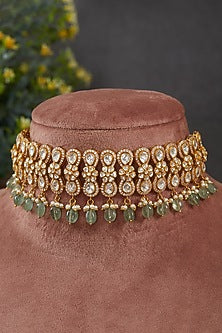 Gold Plated Moissanite Polki & Freshwater Pearl Choker Necklace In Sterling Silver